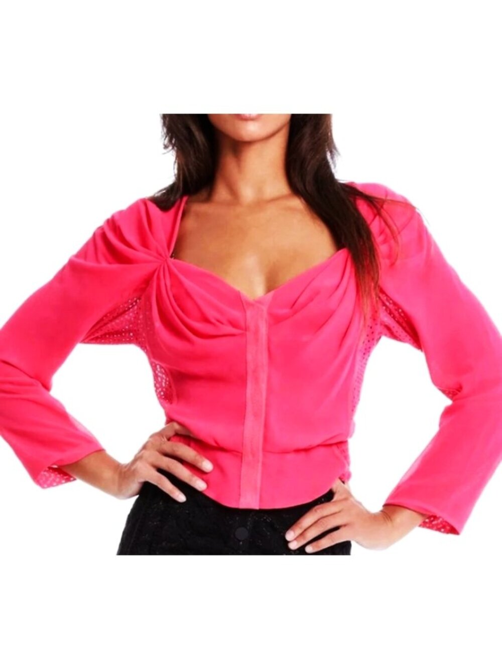 In Earnest The Rouche Portrait Hibiscus Hot Neon Pink V-Neck Chiffon Puff Sleeve